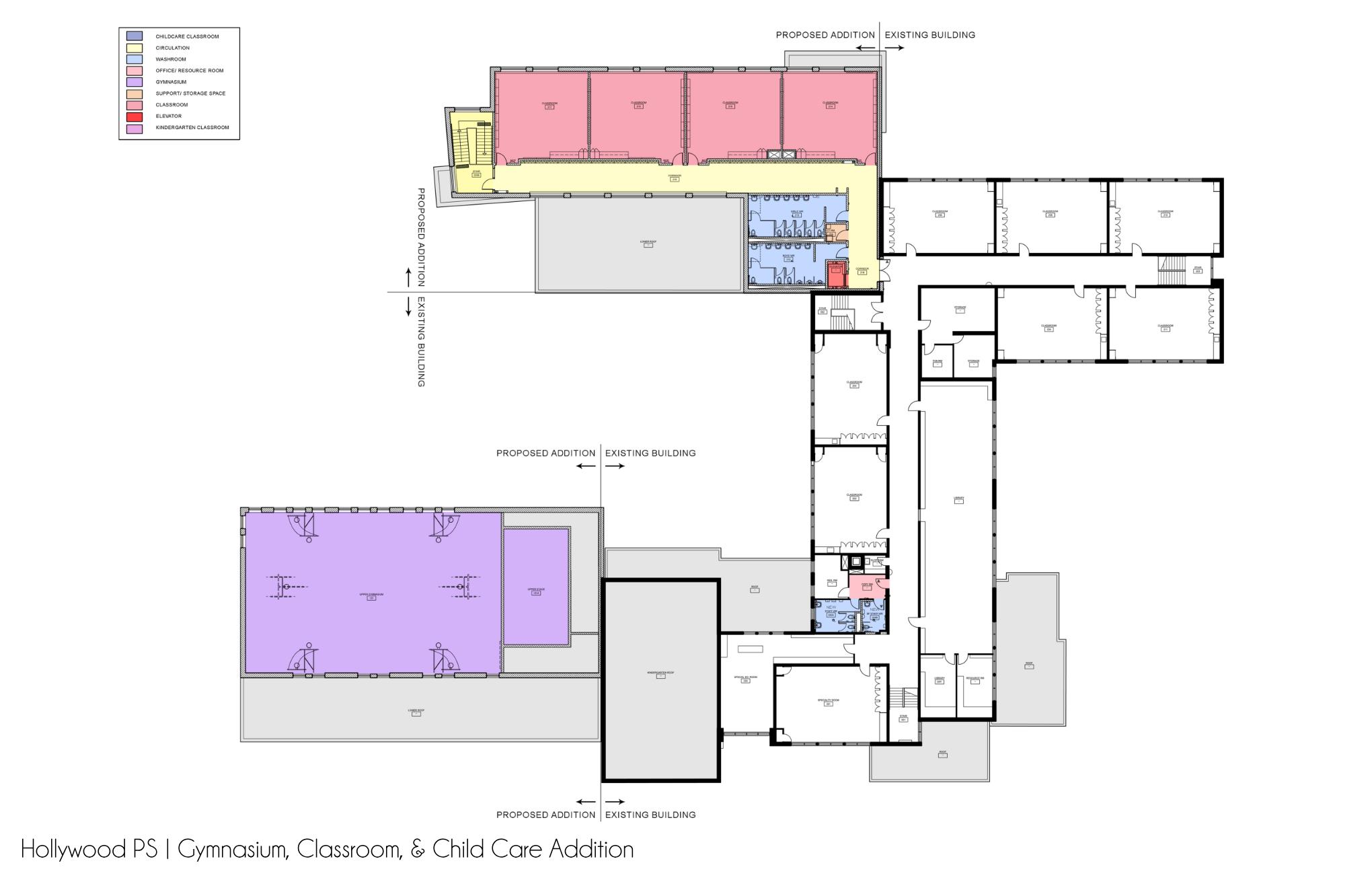 Architectural second floor plan looking down from above depicting instructional & operations spaces situated on the second floor after the project is completed. Open Gallery